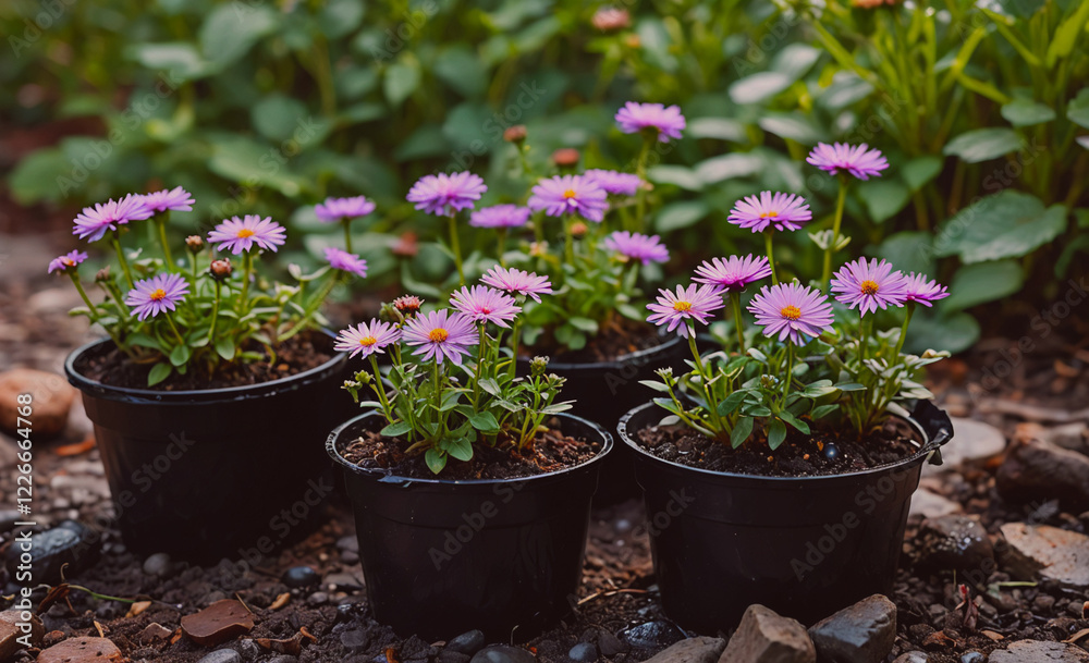 Poster A row of purple flowers in black pots are arranged on a rocky ground. The flowers are in various sizes and are placed in different positions, creating a sense of depth and dimension