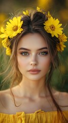 Fototapeta premium A woman with a yellow flower headband and yellow dress. She has a yellow flower in her hair