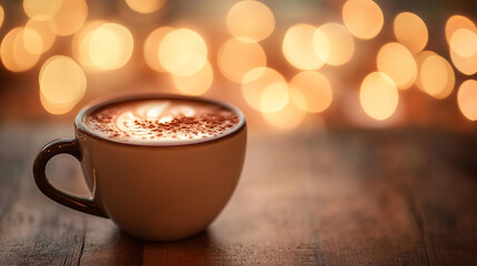 Obraz premium Warm Cozy Cappuccino Coffee Cup Autumn Winter Festive Lights Background Hot Cafe Milk Blur Wood Food