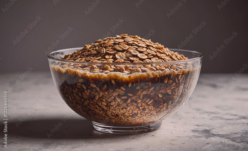 Aufkleber A bowl of cereal is sitting on a table. The cereal is in a glass bowl and is full of different types of cereal. The bowl is on a table and is not being used