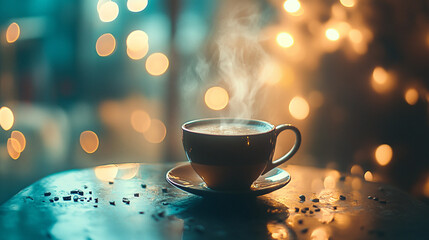 Fototapeta premium Warm Coffee Cup Steaming Cozy Winter Night Lights Background Hot Dark Cafe Mood Teal Drink Bokeh 