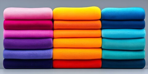 A neatly stacked arrangement of colorful towels in shades of pink, purple, orange, and blue against a gray background. Concept Colorful Towel Arrangement, Neat Organization