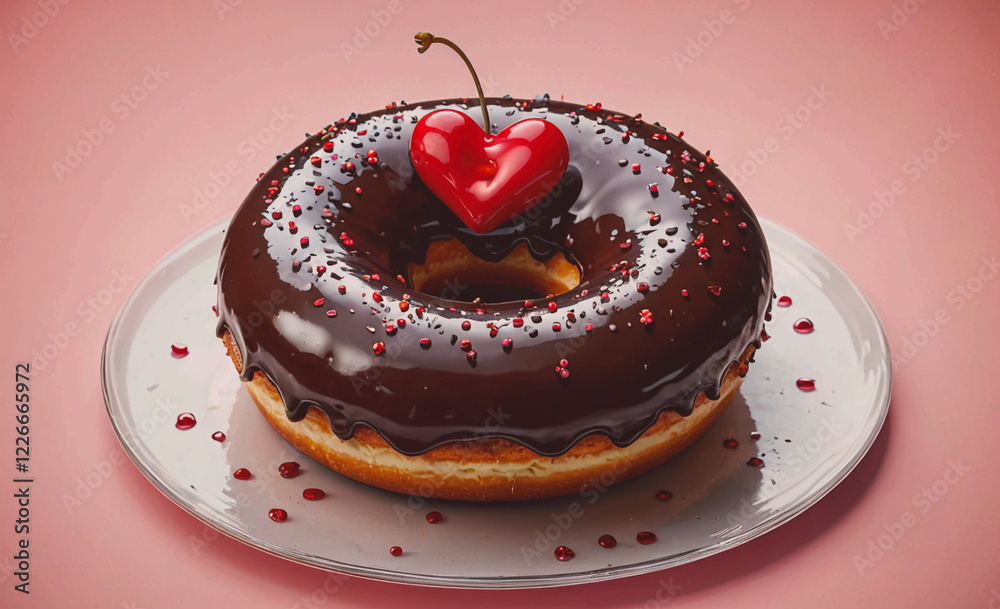 Poster a chocolate donut with a heart on top. the heart is red and the donut is covered in chocolate