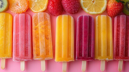 A banner with a composition featuring a fruit-flavored popsicles pattern arranged on a pink background top view.