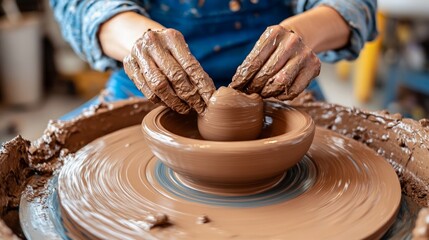 Hands Shaping Clay on Pottery Wheel in Artisan Workshop