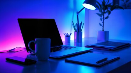 autumn office workspace with a sleek laptop, a cup of coffee, and a notepad with a pen