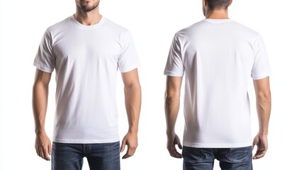 Man wearing plain white t-shirt template for design and printing on a neutral background