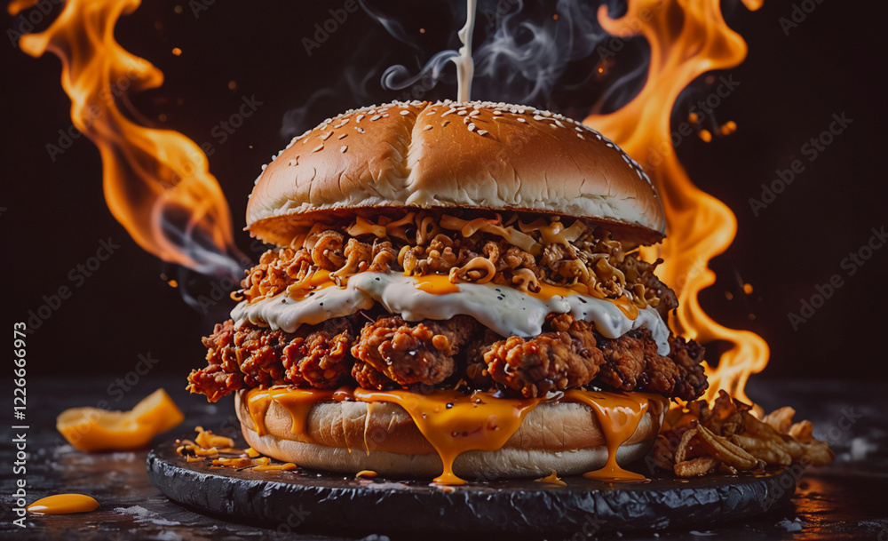 Poster a large burger with a lot of toppings, including cheese, is sitting on a table with a fire in the ba