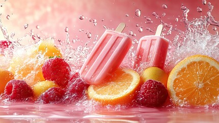 A banner with pink and orange popsicles with fruit slices flying with splashes of liquid on a vibrant pink background depicts a sweet summer food pattern.