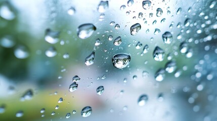 Close-up of clear water droplets on a glass surface, with light refracting and creating beautiful rainbow-like effects