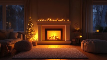 Fototapeta premium A cozy fireplace in a dim room representing warmth, with soft light and a sense of safety, inviting relaxation and comfort 