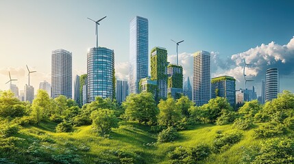 Obraz premium A conceptual image of a futuristic city skyline with advanced buildings, green spaces, and renewable energy sources integrated into design 