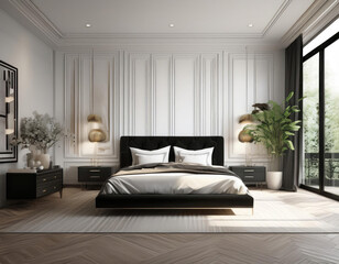 Modern classic bedroom 3d render.The rooms have wooden floors and white walls 