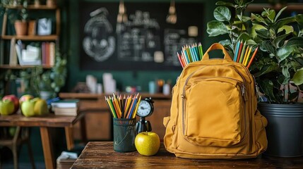 Backpack and supplies on desk with apples, plants, and chalkboard in background