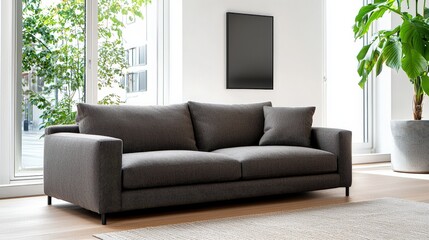 Couch in modern living room interior with plant in corner and stylish decor elements for contemporary design