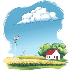 Fototapeta premium Peaceful Landscape with Wind Turbine and Clouds