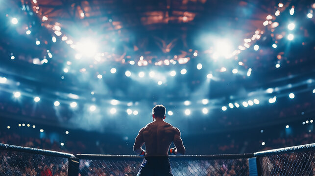 A fighter mid-action in the octagon, locked in a grappling position. The scene highlights the athlete&rsquo;s power, strength, and speed, with the blurred crowd focused on the intense fight.