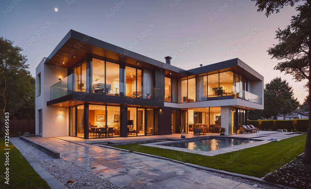 Aufkleber a large house with a pool and a balcony. the house is surrounded by trees and has a lot of windows