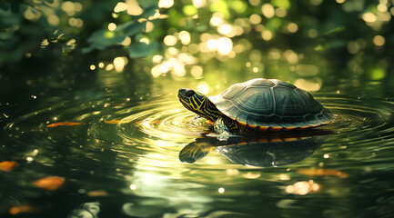 Photo of a painted turtle in the water, with its head above and shell on top of its body