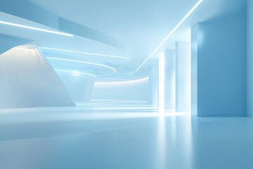 Obraz premium Modern minimalist interior with soft blue lighting and abstract architectural features in a spacious setting