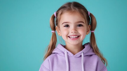Happy girl portrait, turquoise background, child smiling, studio shot, website use