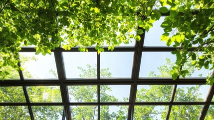 A greenhouse-style loft window with lush green leaves pressing against the glass