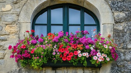 Naklejka premium A historical stone building with an arched window, overflowing with vibrant spring flowers in a peaceful village