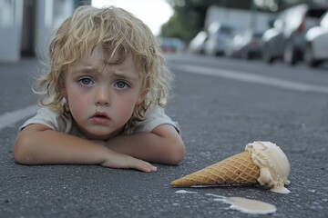 Child with blonde hair lying on the pavement, upset over spilled ice cream cone in urban setting