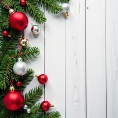 White wood background, festive Xmas decor with ornaments & candles , vintage, texture, gold