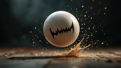 Fototapeta premium A white ball with black teeth with a delicate texture flying through an explosion of water on a dark background.