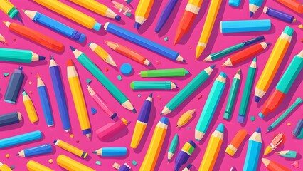 Fototapeta premium Vibrant flat lay of colorful pencils, pens, and markers scattered on a pink background, perfect for back-to-school, art, or education projects.