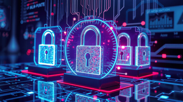 Digital padlocks glowing in futuristic cyber environment symbolize advanced data protection and cybersecurity measures. vibrant neon colors highlight importance of secure networks in digital age