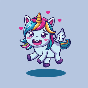 Unicorn ponies with a golden horn. Cute magic horses.