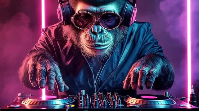 Funky DJ Monkey Spinning Music on Turntables with Neon Lights, looped, loop,