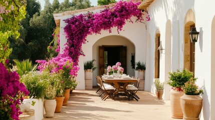 Obraz premium A Mediterranean-inspired terrace with whitewashed walls, cascading flowers, and a wooden dining table