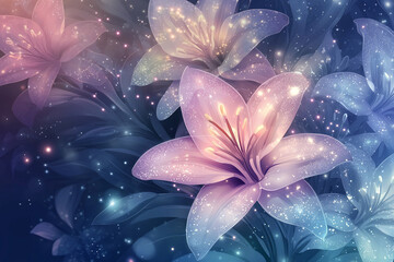 Ethereal glowing lilies surrounded by a mystical blue background, creating a serene and enchanting atmosphere