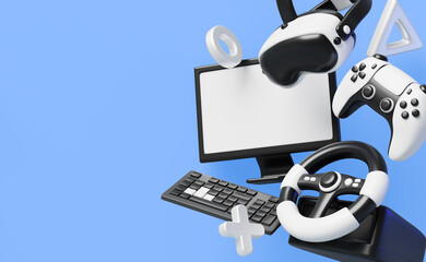 Video game 3d web banner with flying joystick, vr glasses, computer, gamer keyboard, steering wheel. Abstract blue render background with electronic devices, gamepad and controller. 3D illustration © marozhkastudio