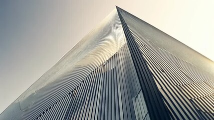 Modern architectural structure reaching towards the sky with reflective surfaces and clear blue backdrop