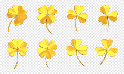 Gold clover icons with three and four leaves. 3D trefoil and quatrefoil leaves. Shamrock symbol of lucky and Irish holiday St. Patrick Day. Design elements isolated on a transparent background