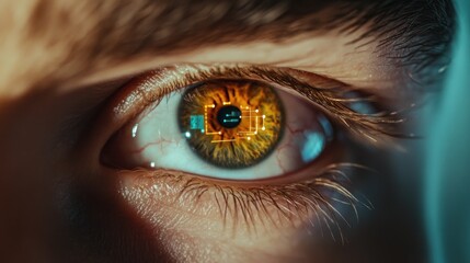 Fototapeta premium Close-up of an Eye with Digital Overlay, Showing Intricate Details and Futuristic Tech Integration