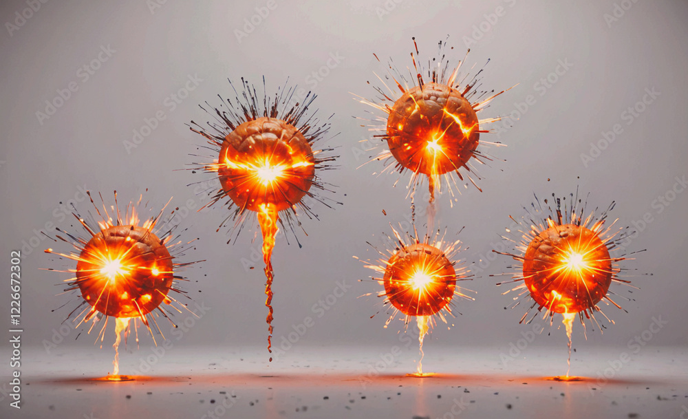 Poster A series of orange explosions are shown in a row. The explosions are small and scattered, with some of them being larger than others. The explosions are all different sizes and shapes, but they all