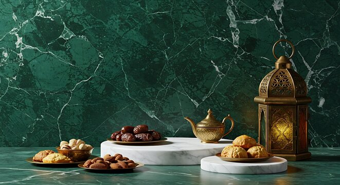 Luxury ramadan marble podium with lantern and food emerald green marble wall