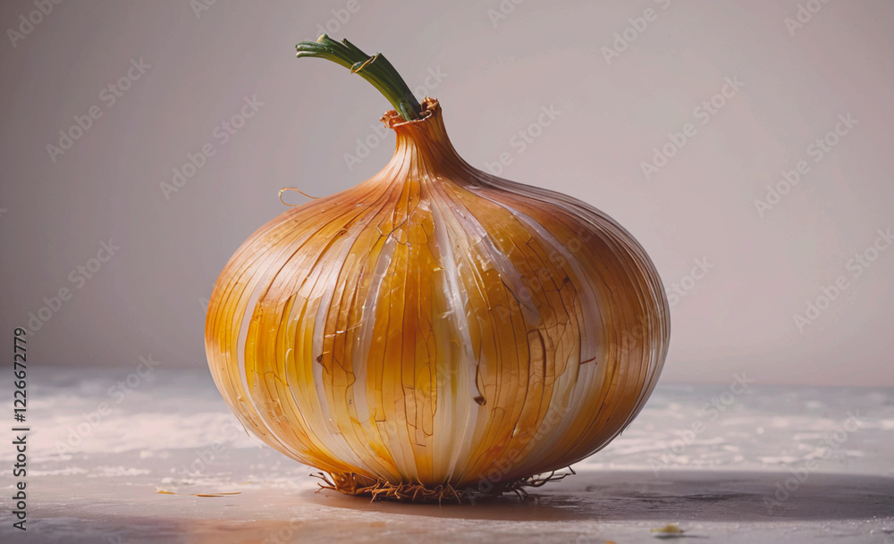 Poster a large onion with a green stem is sitting on a table. the onion is peeled and has a yellowish-brown