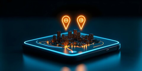 A smartphone displaying a futuristic cityscape with glowing location markers. Concept Futuristic Cityscape, Glowing Location Markers, Smartphone Technology, Urban Aesthetics, Digital Navigation