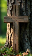 Earthy toned wooden cross beam against tree trunk, natural wood, tree trunk, natural material