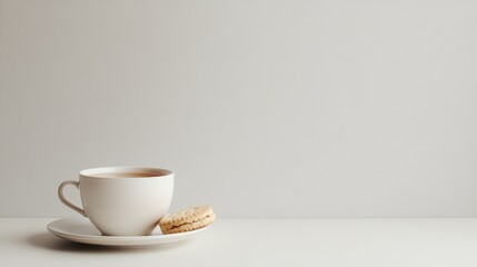 Fototapeta premium A white porcelain teacup with steaming tea, placed on a saucer with a biscuit, against a plain white background.