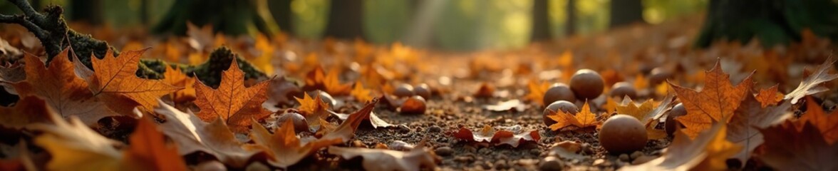 Forest floor with fallen oak leaves and walnuts, dry leaves, woodland floor