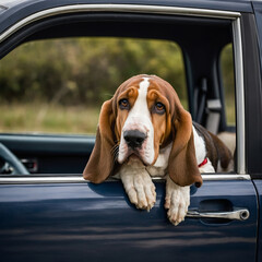 Basset Hound resting its head out of car window, relaxed expression, outdoor setting