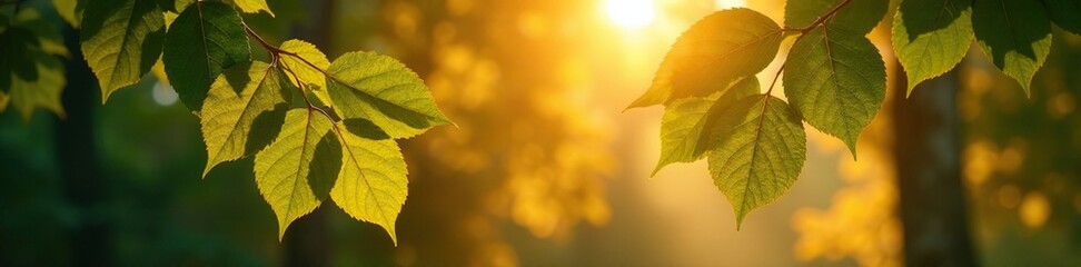Golden light filters through beech tree leaves, leafy greens, autumn