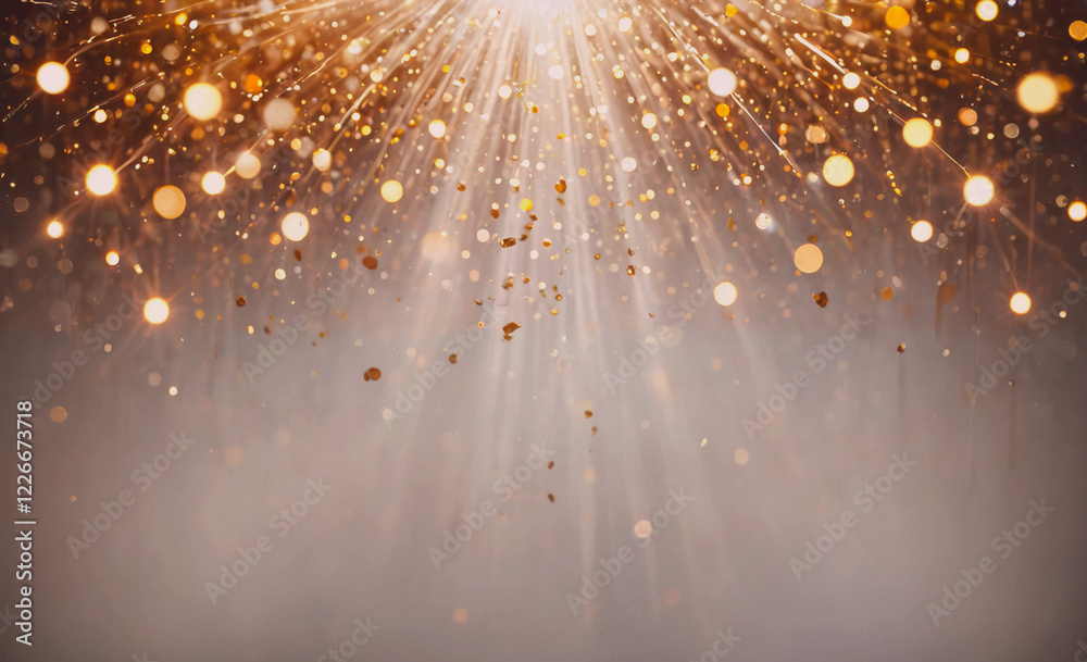 Poster a bright light shines on a gold and white background, creating a sparkling effect. the scene is like